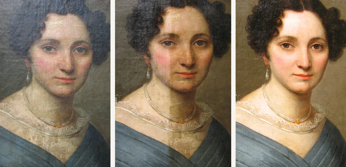 Portrait féminin du XIXe siècle avant, pendant et après allègement d’un vernis oxydé.