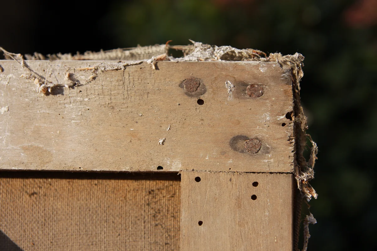 Châssis ancien attaqué par les xylophages avant traitement préventif, étape importante pour les tableaux exposés en bord de mer à Antibes.