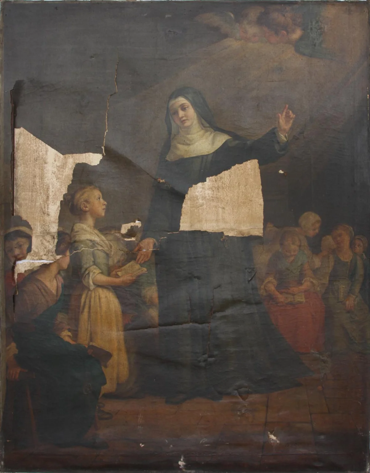 Grande scène religieuse avant restauration, présentant des lacunes importantes et un vernis encrassé, similaire à certains grands formats conservés à Antibes.