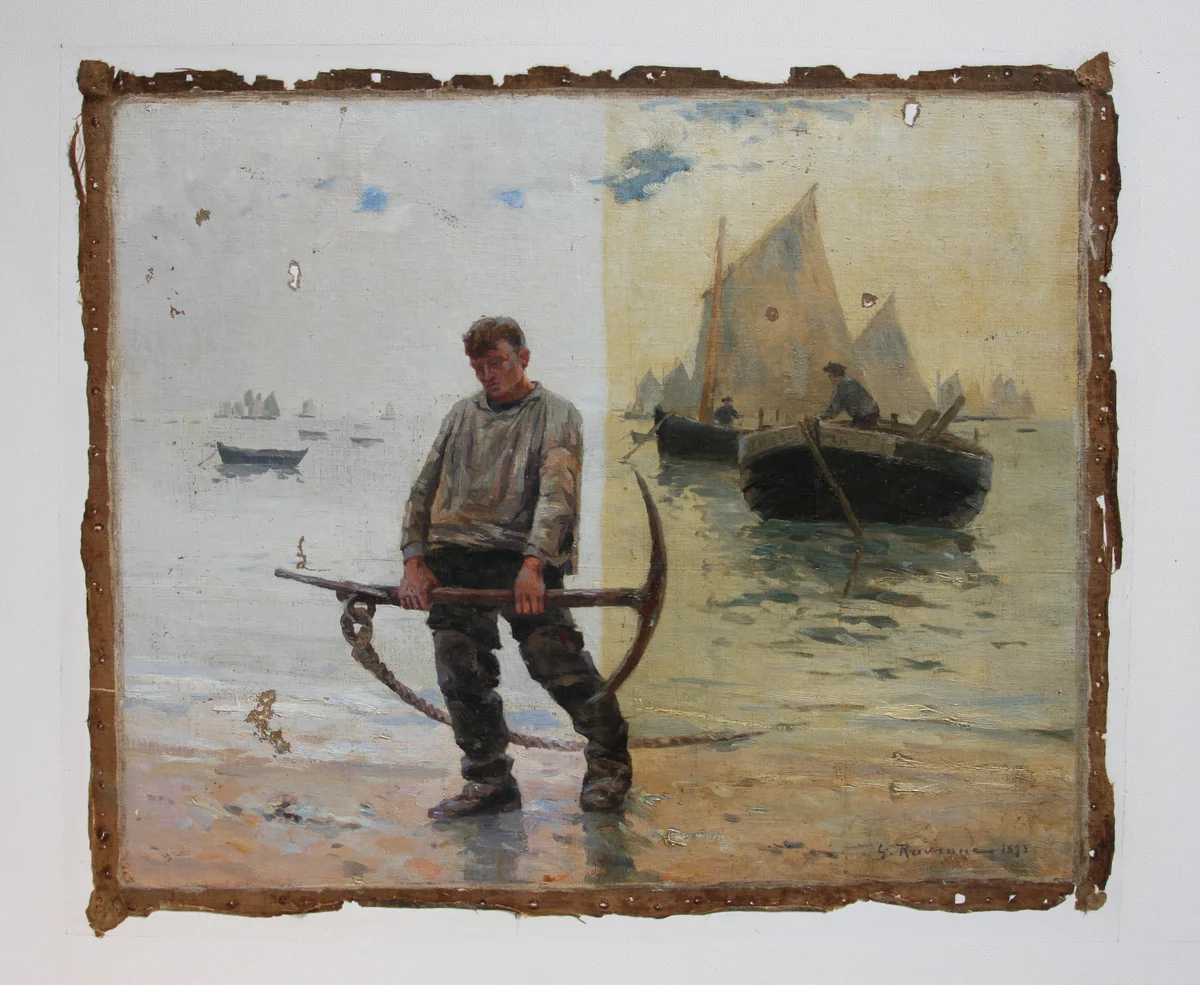 Tableau marin après restauration, couche picturale stabilisée après dégâts d’humidité.