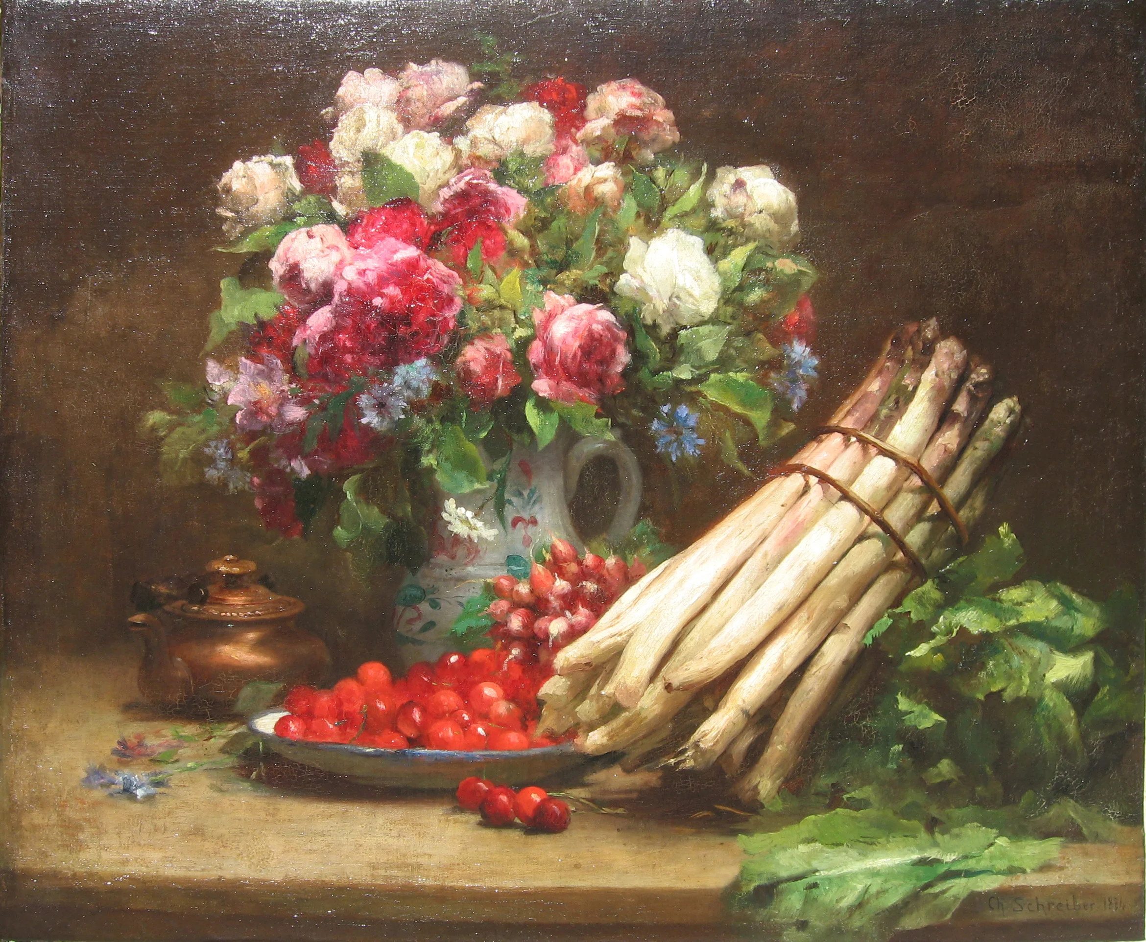 Nature morte avec bouquet et asperges après restauration, couleurs fraîches et surface plane.