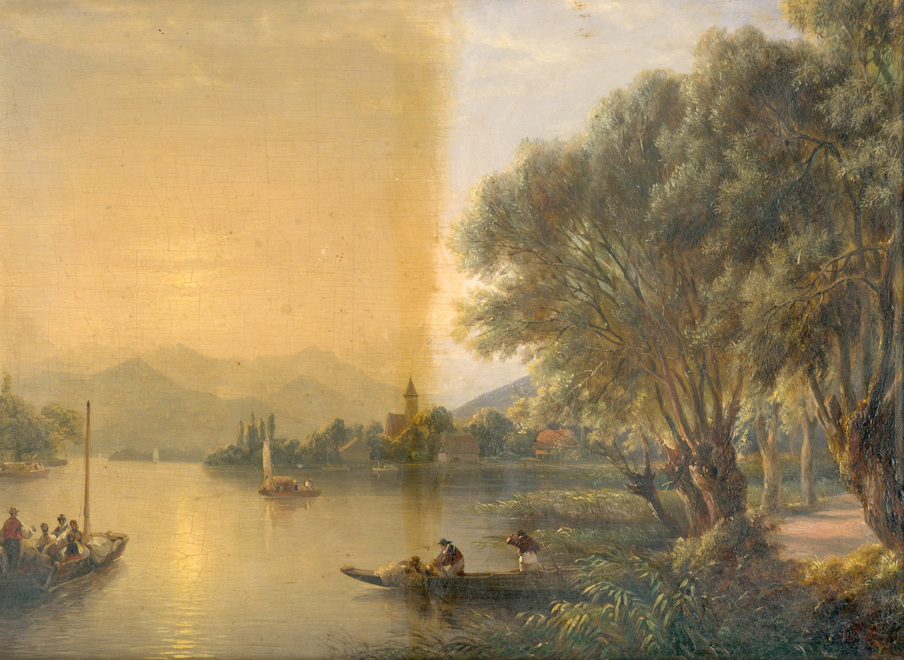 Paysage de lac pendant l’allègement du vernis, moitié encore jaunie.