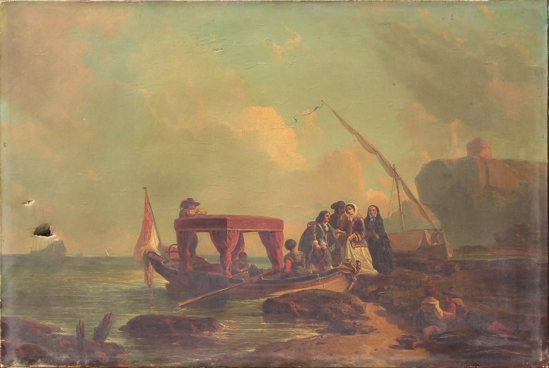 Scène portuaire avant restauration, avec trous et déchirures visibles dans le ciel.